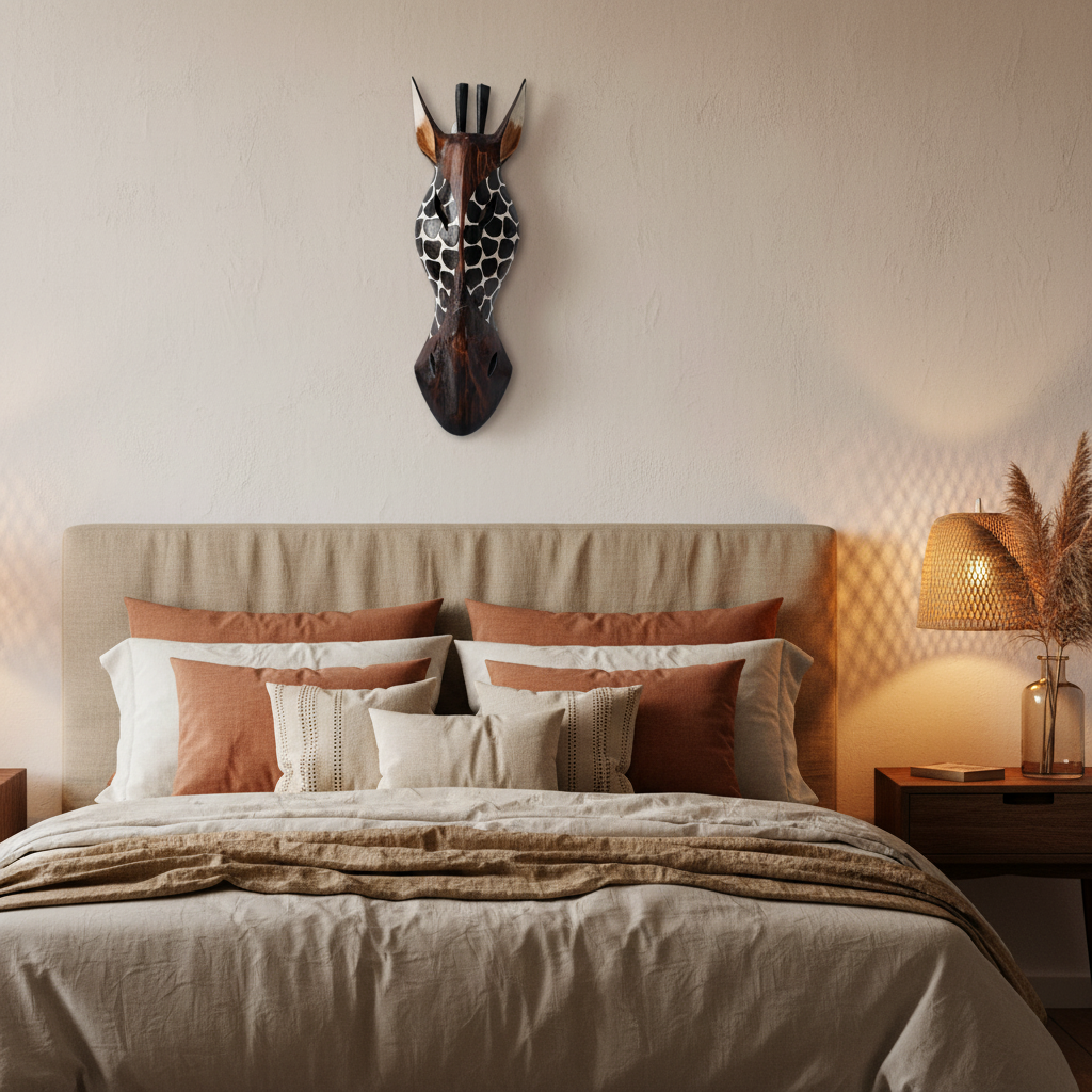 Giraffe Mask Wooden Wall Art hung above a linen bed as a bedroom feature wall