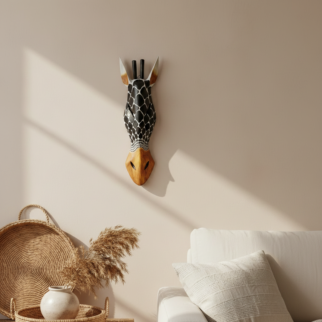 Black and white carved wooden giraffe mask displayed on a warm neutral wall in a living room setting