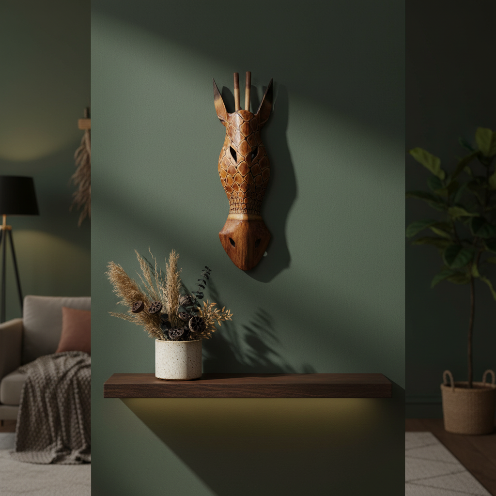 Handcrafted wooden giraffe mask with warm brown tones and carved giraffe pattern detailing on a sage green wall with dried botanicals and ambient lighting