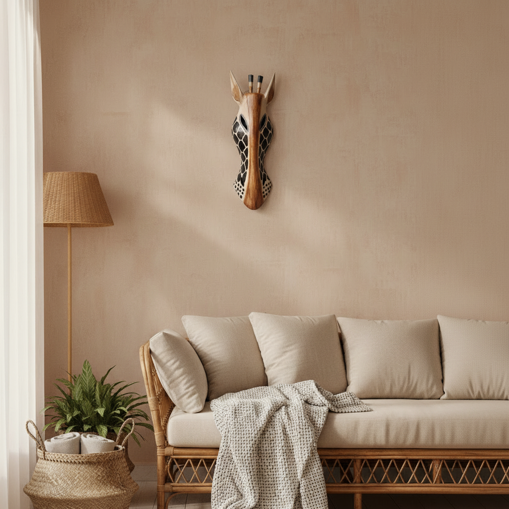 Giraffe Mask Wooden Wall Art displayed in a coastal boho living room