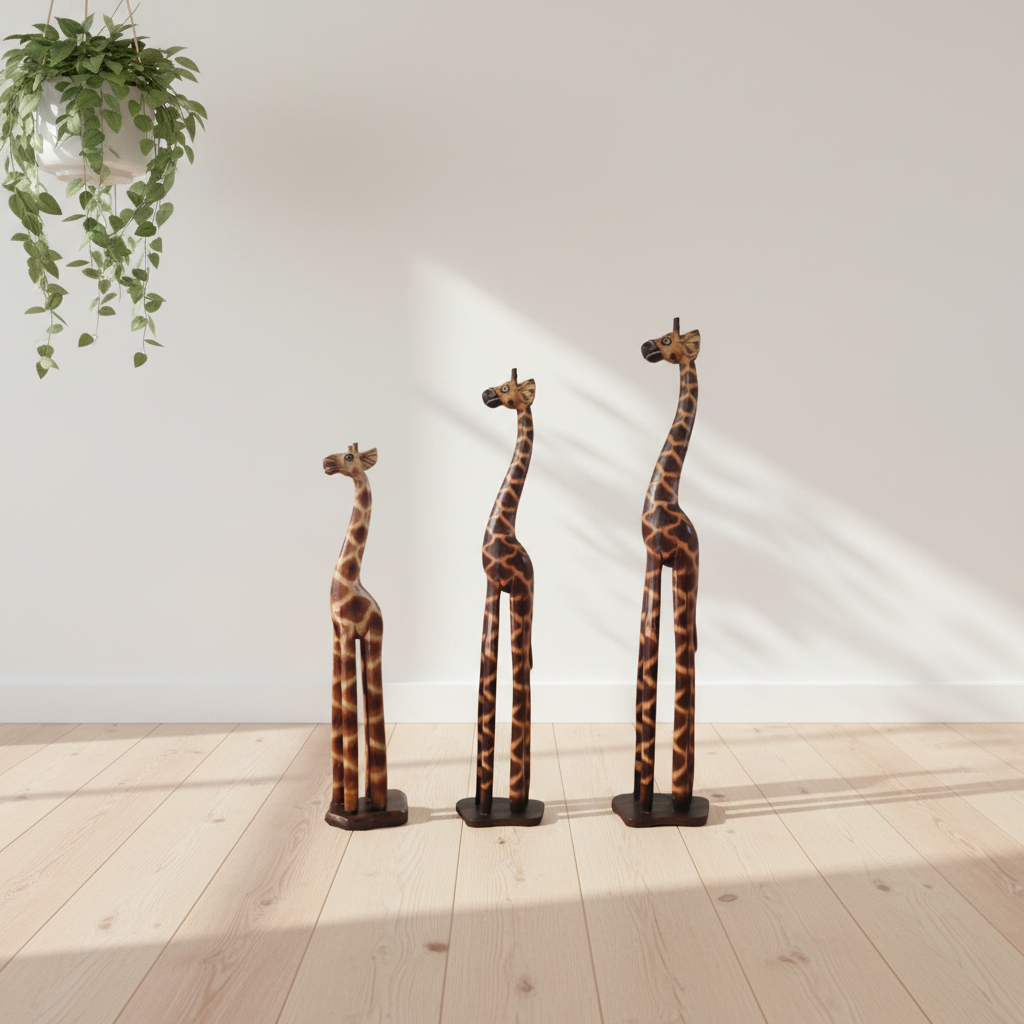 hree carved timber giraffe figurines in small medium and large sizes standing together in a clean coastal interior with warm natural light and a light timber floor