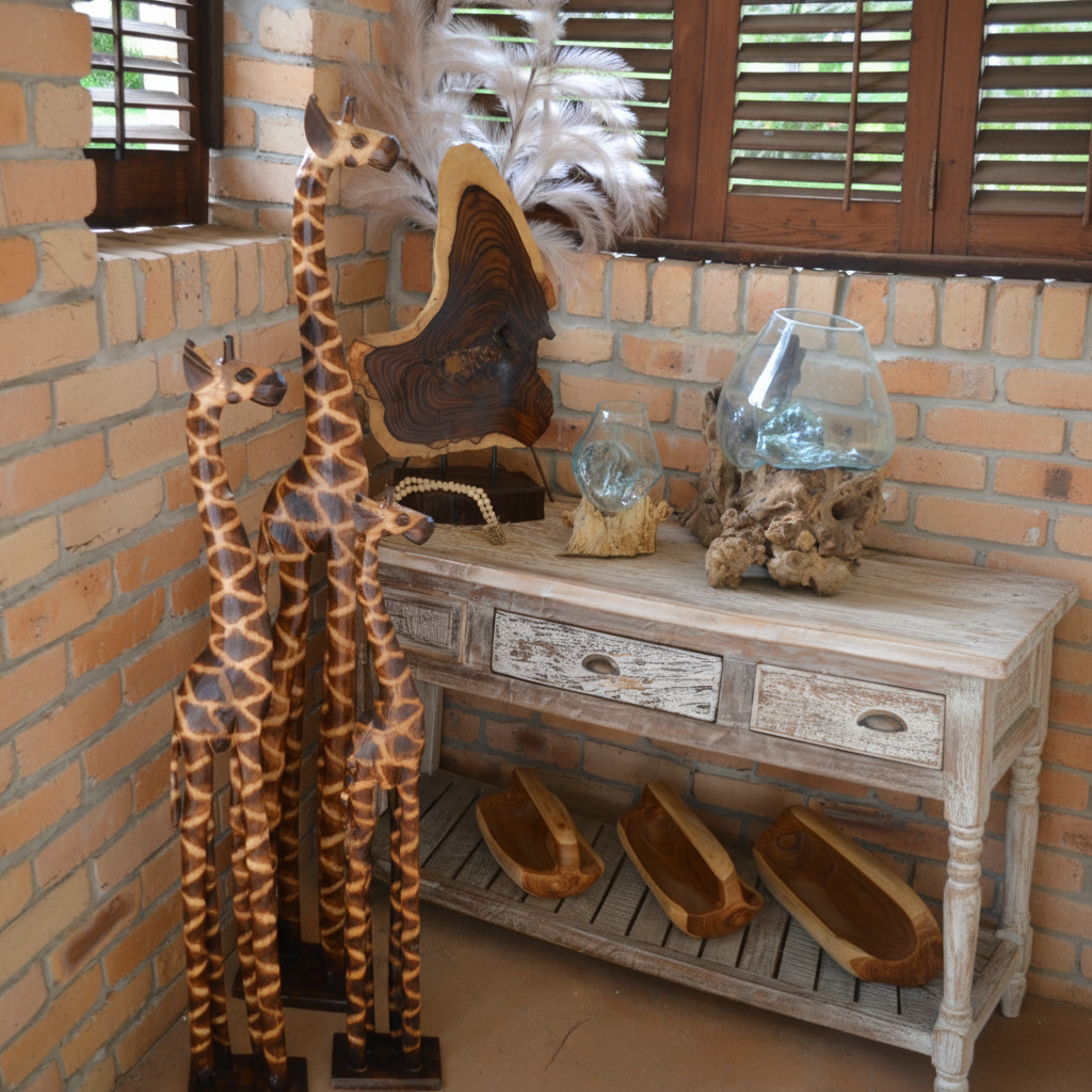 timber giraffe figurines standing on a rustic outdoor patio floor beside a weathered timber console table styled with a wooden wall sculpture, white feathers, coral pieces, a glass vase and driftwood bowls, exposed brick wall and timber louvre shutters in the background