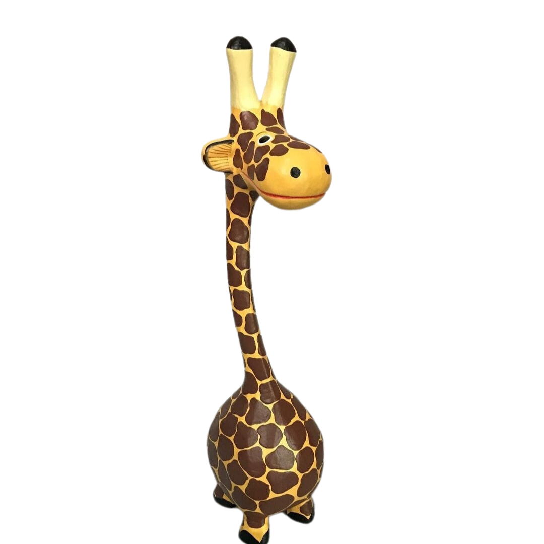 Giraffe-shaped wooden statue on a white background
