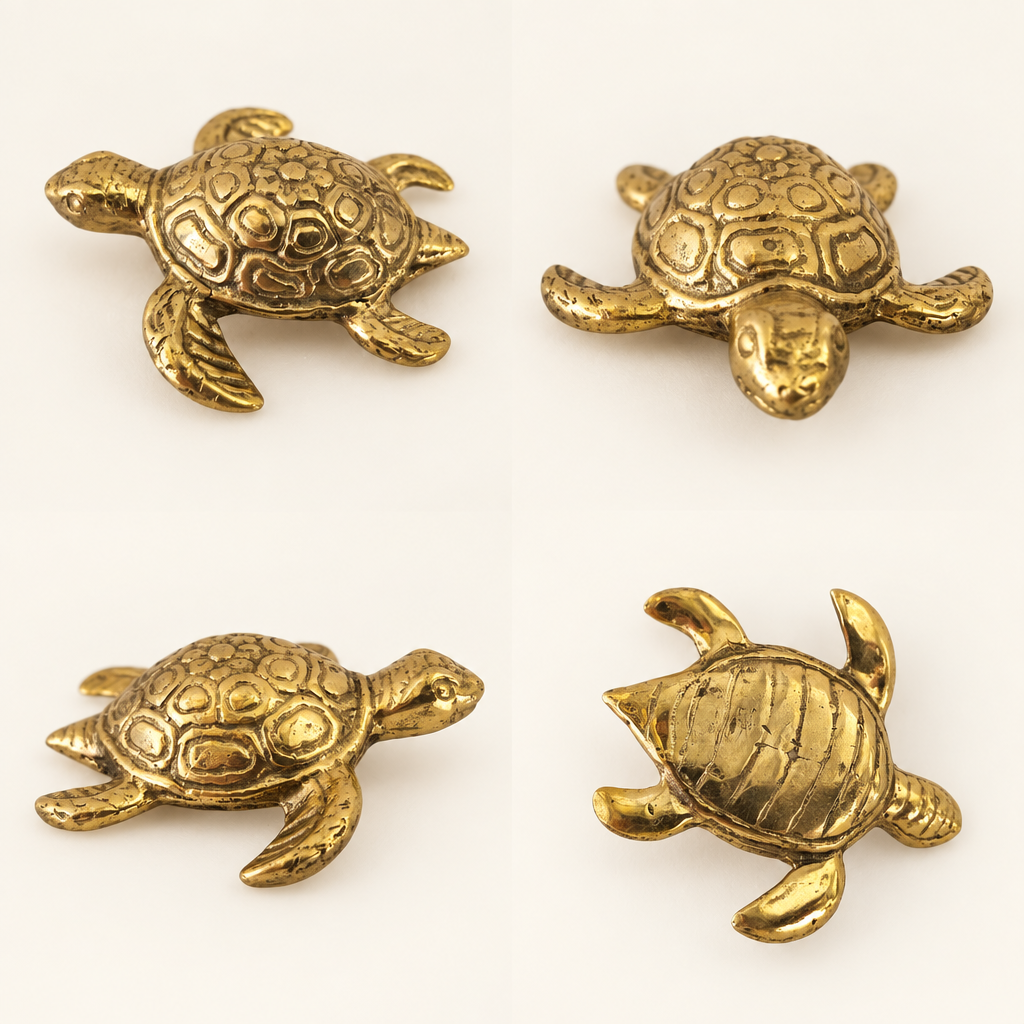 Gold brass turtle figurine shown from four different angles