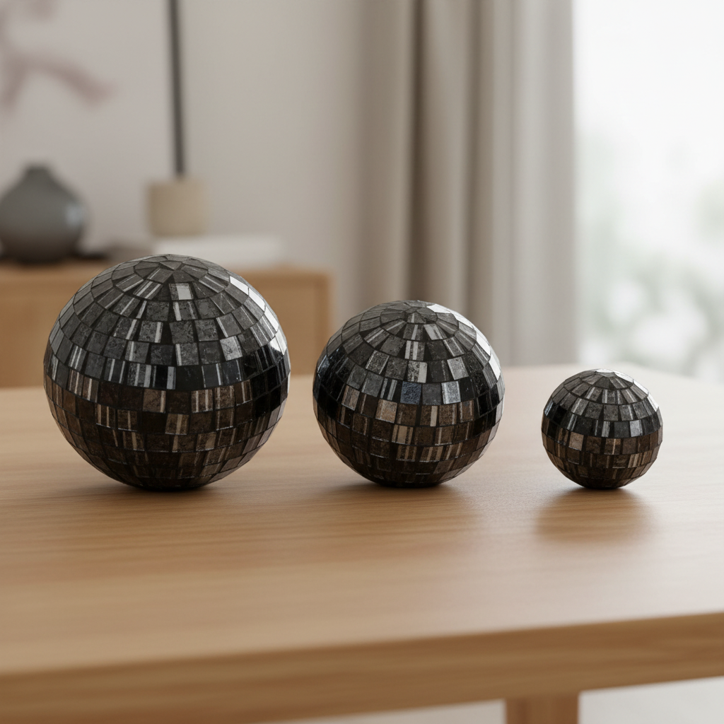 arrangement of 3 decorative glass balls silvery gray tones 