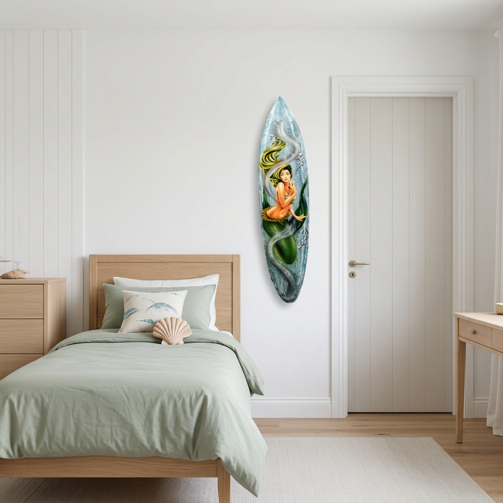 Grey and green painted panel beside a single bed with sage bedding and a shell-shaped cushion.