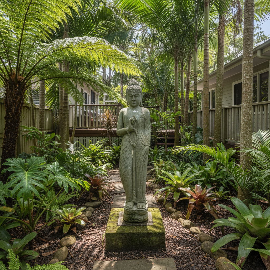 Standing stone Buddha statue in a lush tropical garden courtyard surrounded by ferns, palms and coastal Australian plants in dappled sunlight