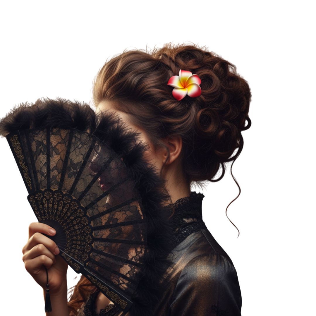Woman with dark curly updo holding a black lace fan, small red flower clip tucked into her hair, white background