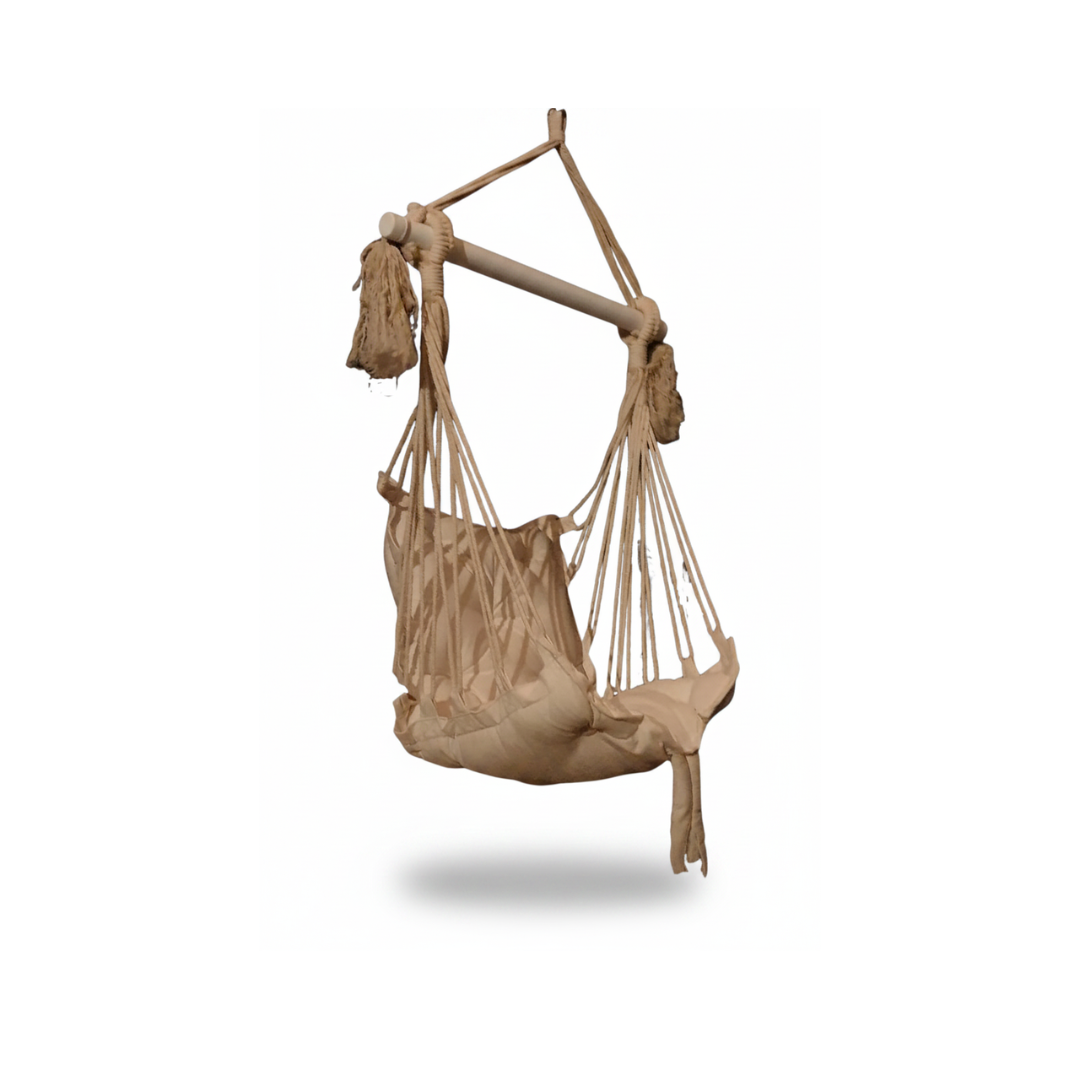 Beige hammock chair with wooden frame on a white background
