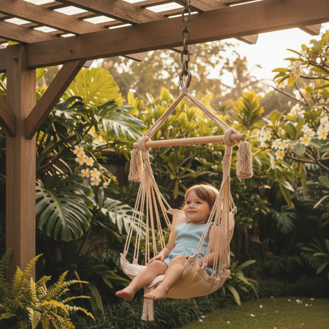Child sitting in a hammock swing surrounded by greenery