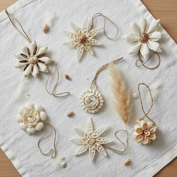 Handmade seashell flower ornaments in cream and white, flat lay on linen