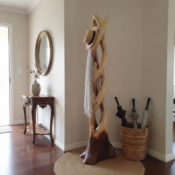 Two-toned wooden coat stand with straw hat and white scarf draped over branch hooks, styled in a classic home entryway with gold oval mirror, ornate dark timber console table and wicker umbrella basket