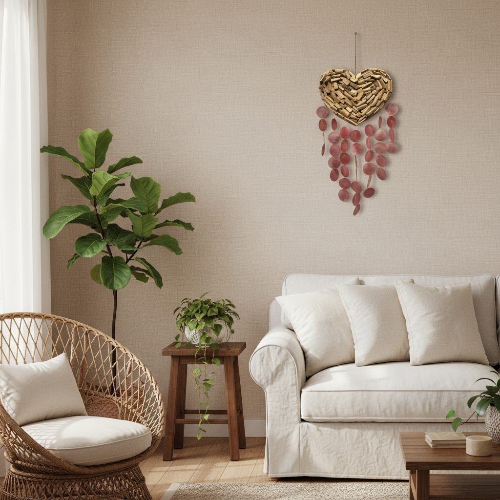 A styled living room scene featuring a woven heart-shaped wall hanging with dangling pink petal-like accents, mounted on a beige wall above a white sofa and next to a wicker chair and potted plants.