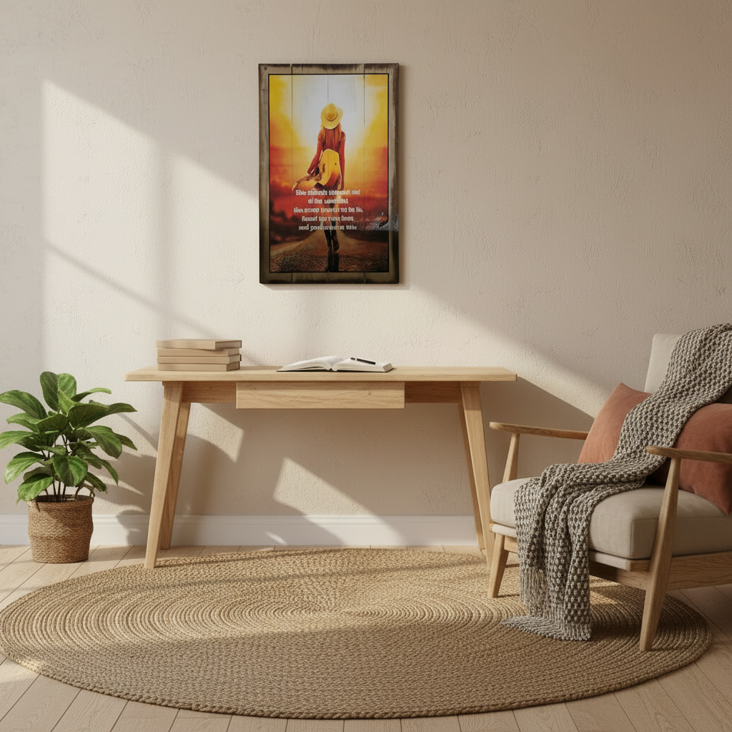 Creative home office wall displaying framed sunset artwork of a woman with a guitar, beside a journal, books and a leafy plant
