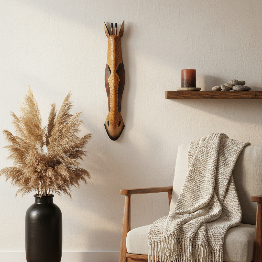 

Warm tan honeycomb bubble carved animal mask over a dark chocolate brown base mounted on a white wall – cosy coastal vignette with tall black vase filled with dried pampas grass, timber shelf with river stones and pillar candle, and a cream knit throw draped over a timber armchair