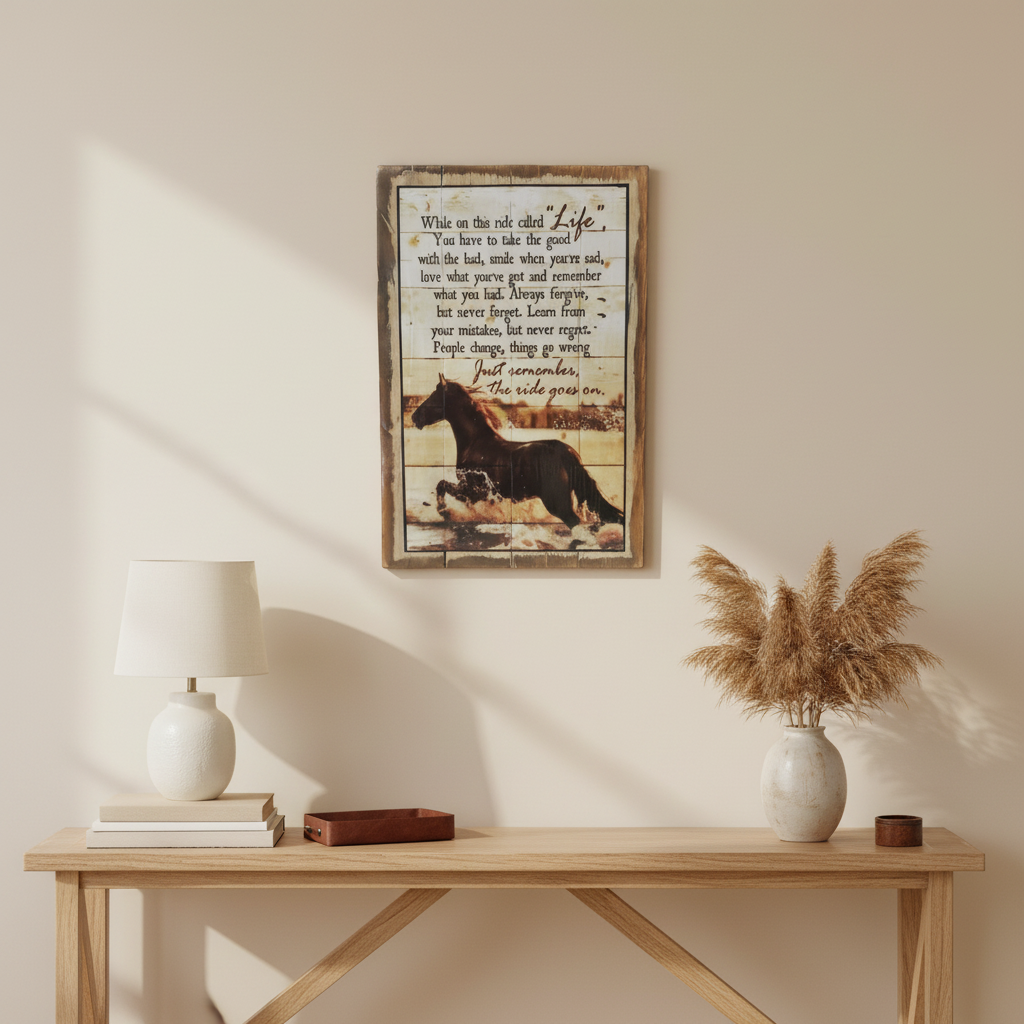 Here it is styled in a warm country-inspired living room with natural timber and subtle equestrian touches
