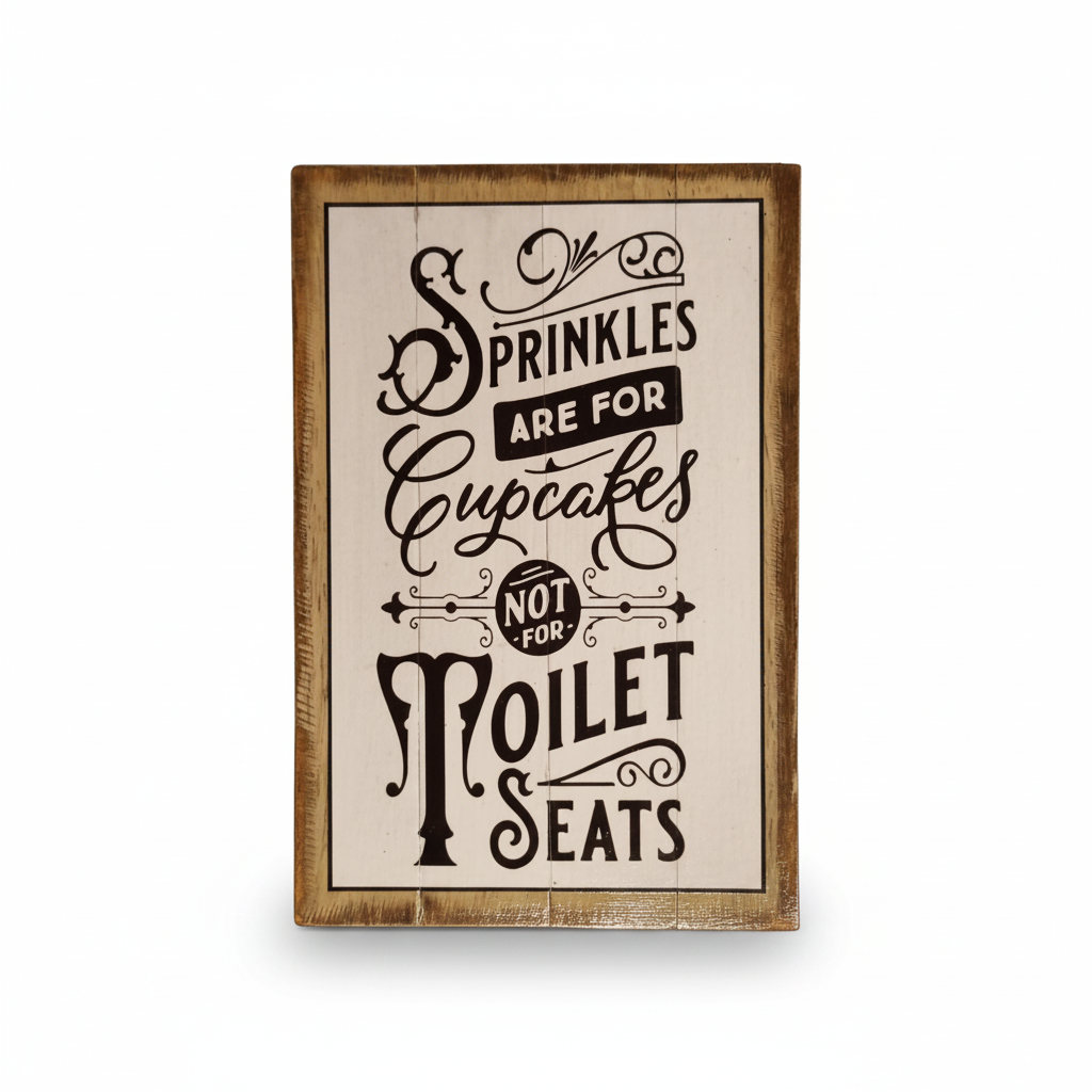 A rectangular wooden sign with a rustic brown frame and a cream background, featuring black decorative typography that reads, 'SPRINKLES ARE FOR Cupcakes NOT FOR TOILET SEATS.' The sign is centered on a clean white background.