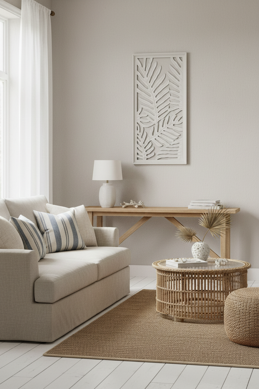 Fern palm leaf wall art panel in white wash finish styled in a coastal living room above a timber console table