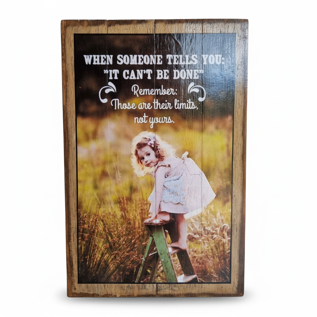 Those Are Their Limits, white background: Rustic wooden sign showing a young girl on a ladder with a motivational quote.