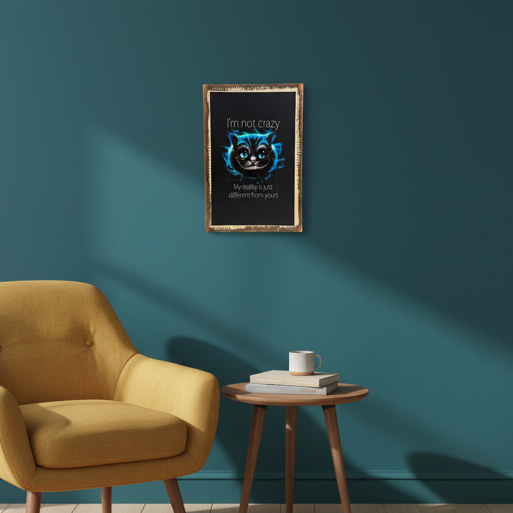 clean cat quote sign style in a teal reading nook 