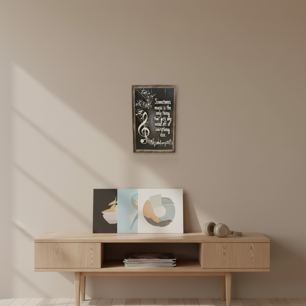 music quote sign displayed above a timber console with records and headphones