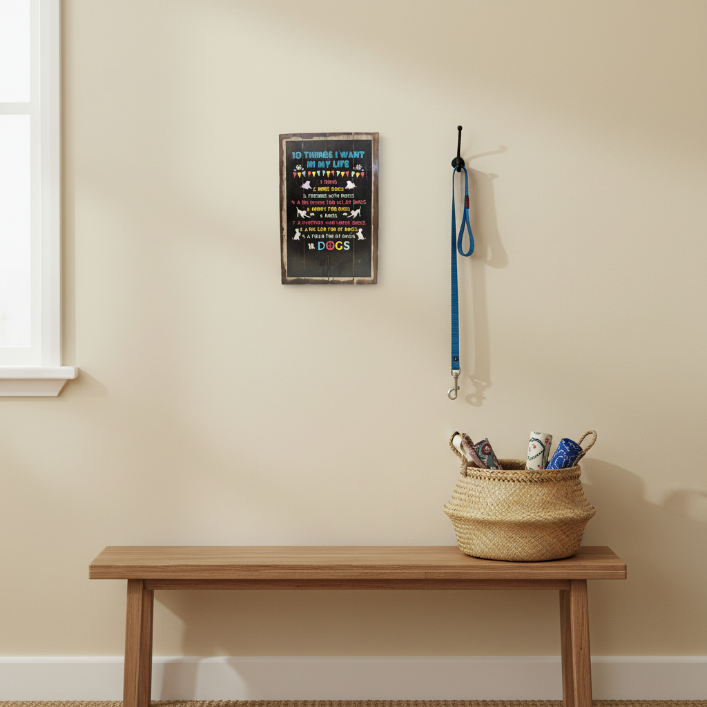 Colourful dog-lover sign displayed in an entryway beside a blue lead and woven accessory basket