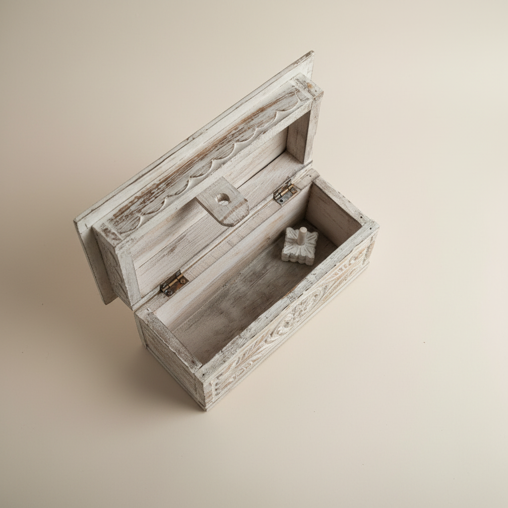 A distressed white carved wooden jewelry box with an open lid, shown on a solid beige background.