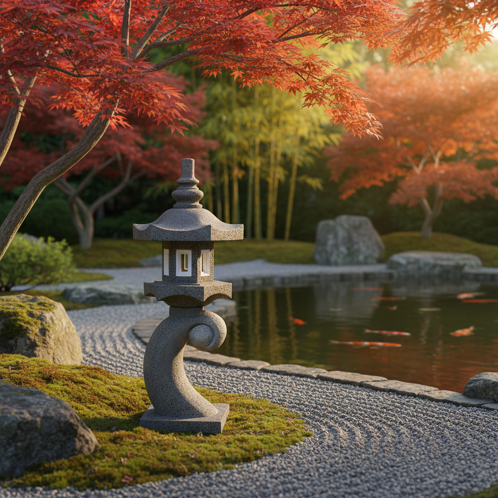 Reflective pond surrounded by red maple trees and trimmed hedges with a sculptural feature