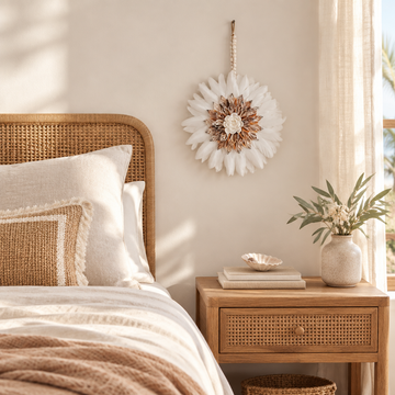 Orange and brown feather wall hanging styled beside a bed in a warm coastal bedroom