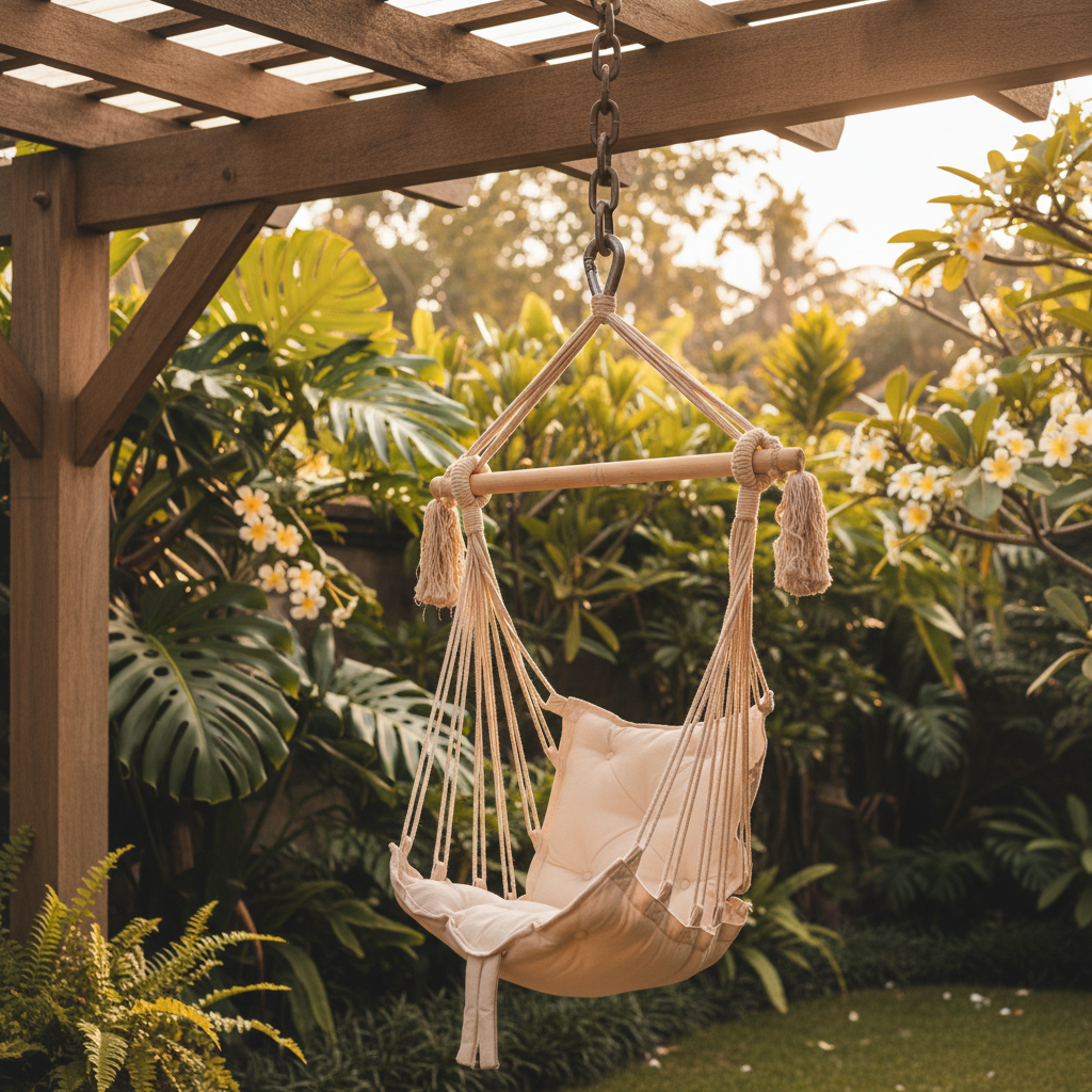 Kids hammock chair hanging in Balinese garden