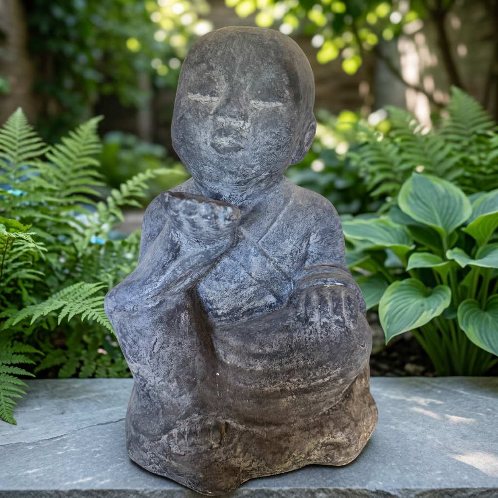 view of a rustic grey seated figure showing textured robes, pursed lips and a raised hand