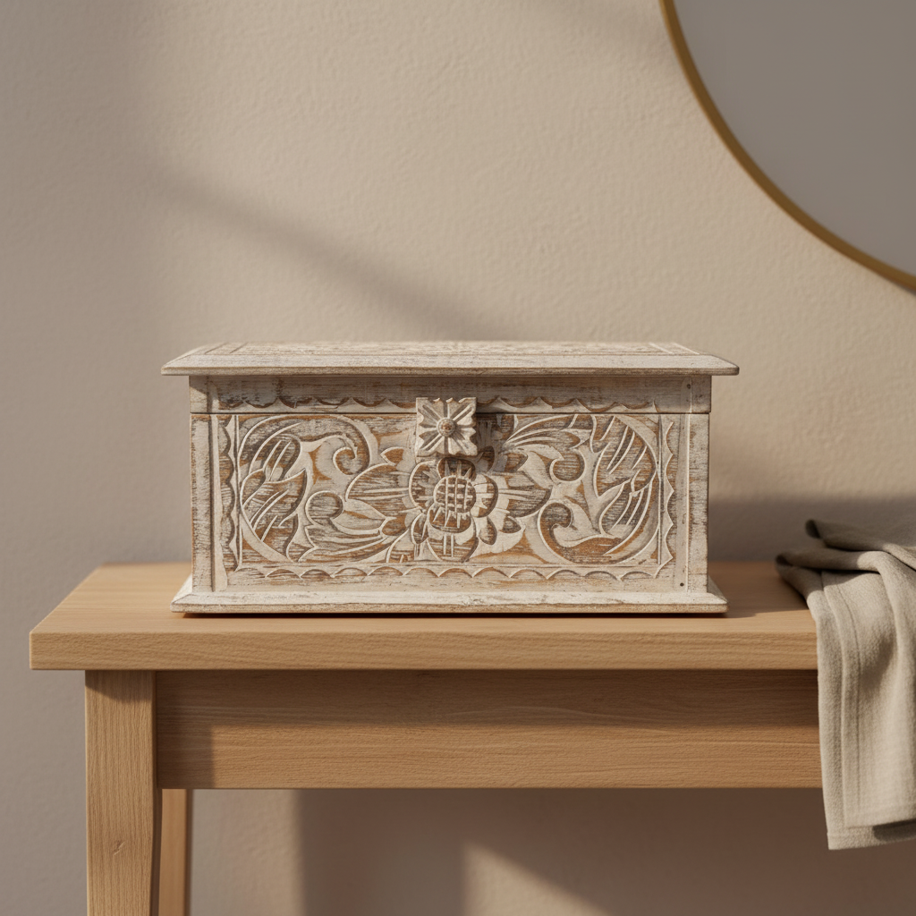 Large whitewashed wooden storage box with shallow floral carvings displayed on a light oak console table.