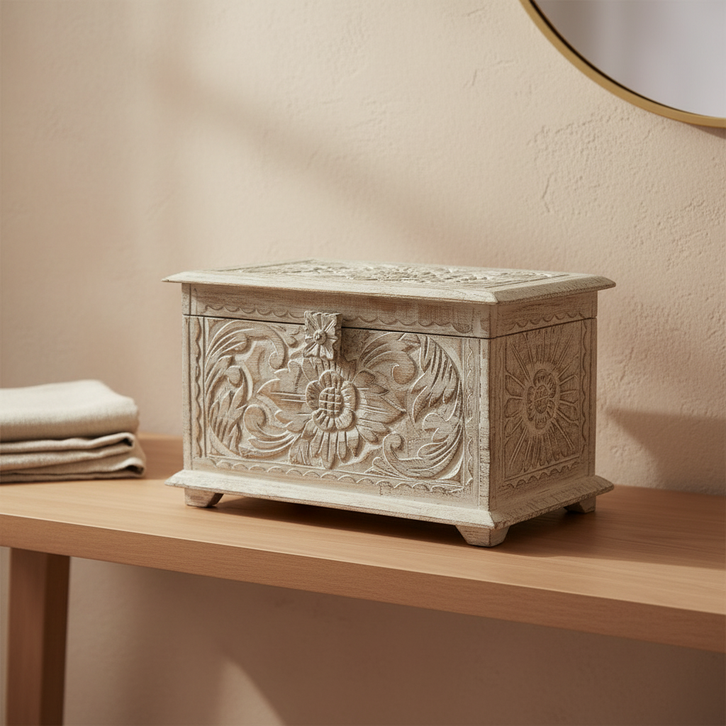 An ornate carved wooden chest in a light beige finish sits on a light wood console table against a textured beige wall. A folded white towel is visible on the left, and a portion of a round mirror with a gold frame is visible in the upper right.
