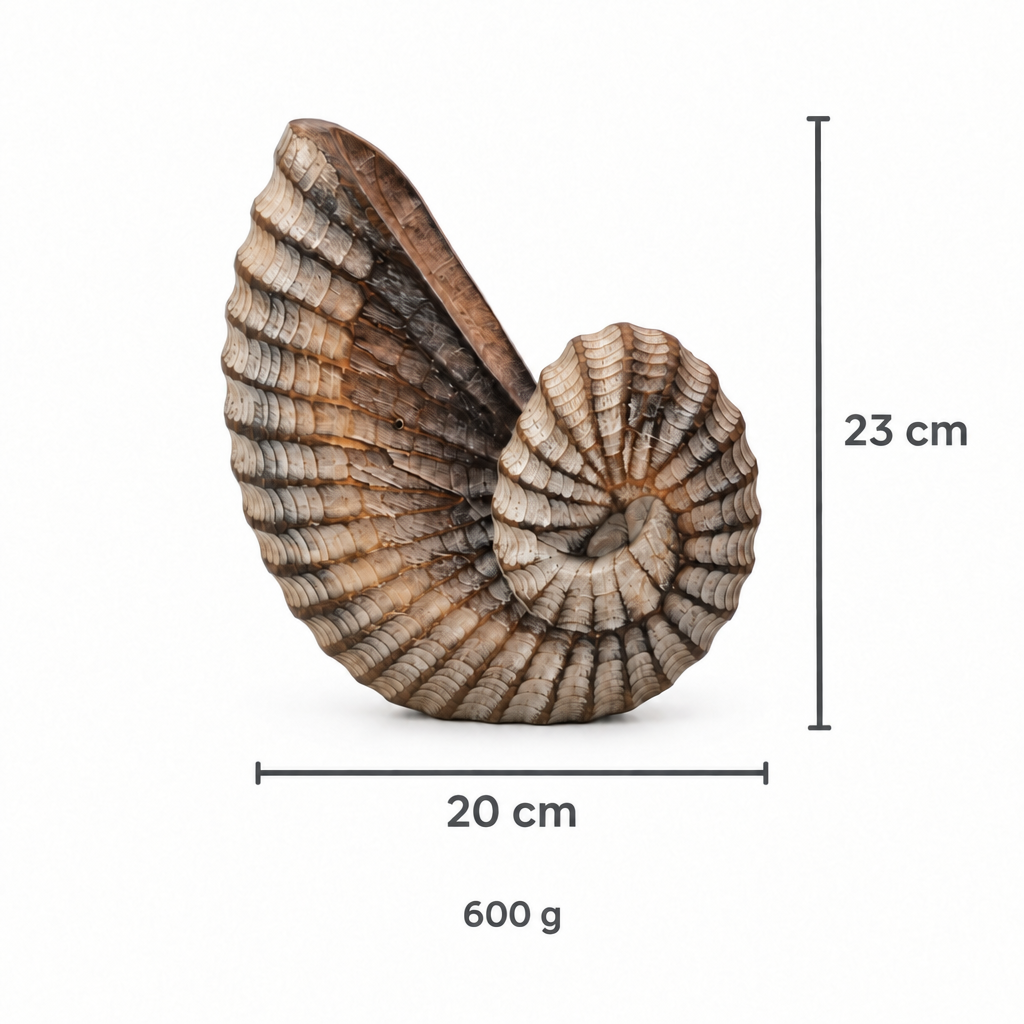 A spiral ammonite fossil specimen shown on a white background with measurement lines and text indicating 23 cm width, 20 cm height, and 600 g weight.