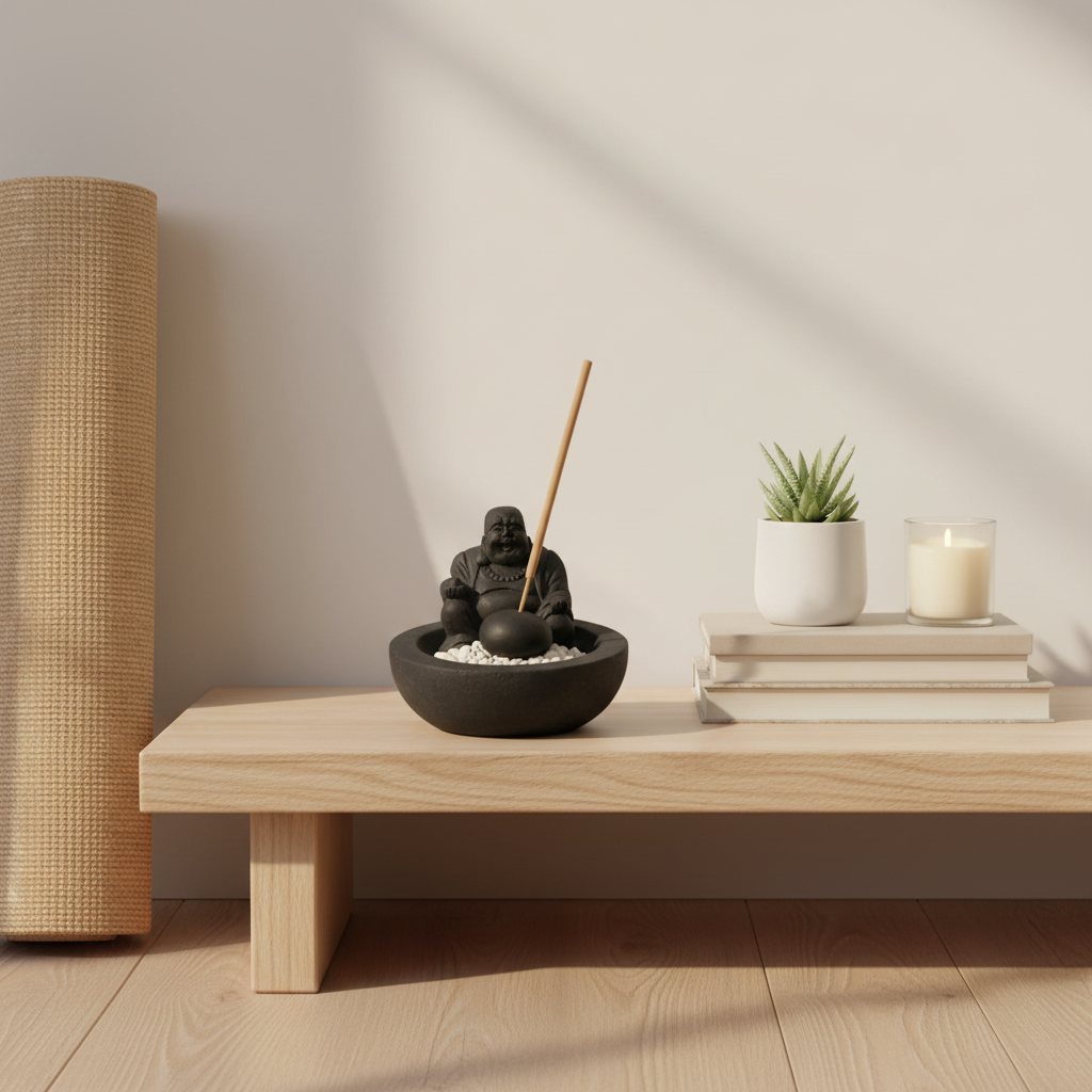  Black stone Laughing Buddha figure on a round white pebble bowl with an scented stick, styled on a low timber shelf with a rolled yoga mat, small succulent, stacked books and a white pillar candle