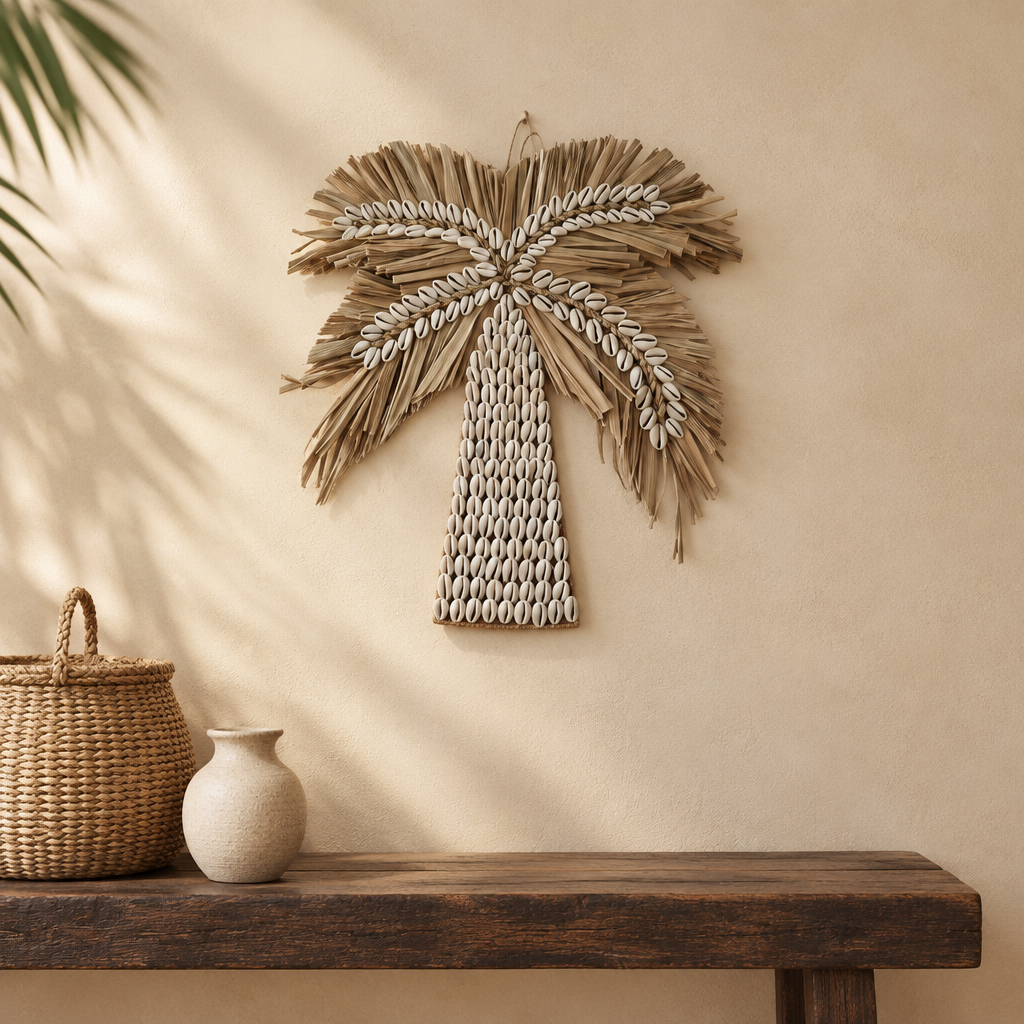 Medium 30 × 30 cm cowrie shell and raffia decoration styled above a dark timber console
