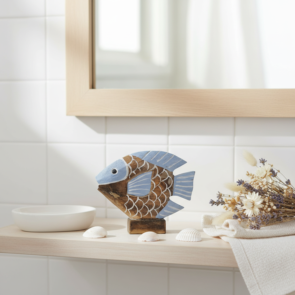 Single light blue carved sculpture on a coastal bathroom vanity with soap dish, dried flowers and linen towel