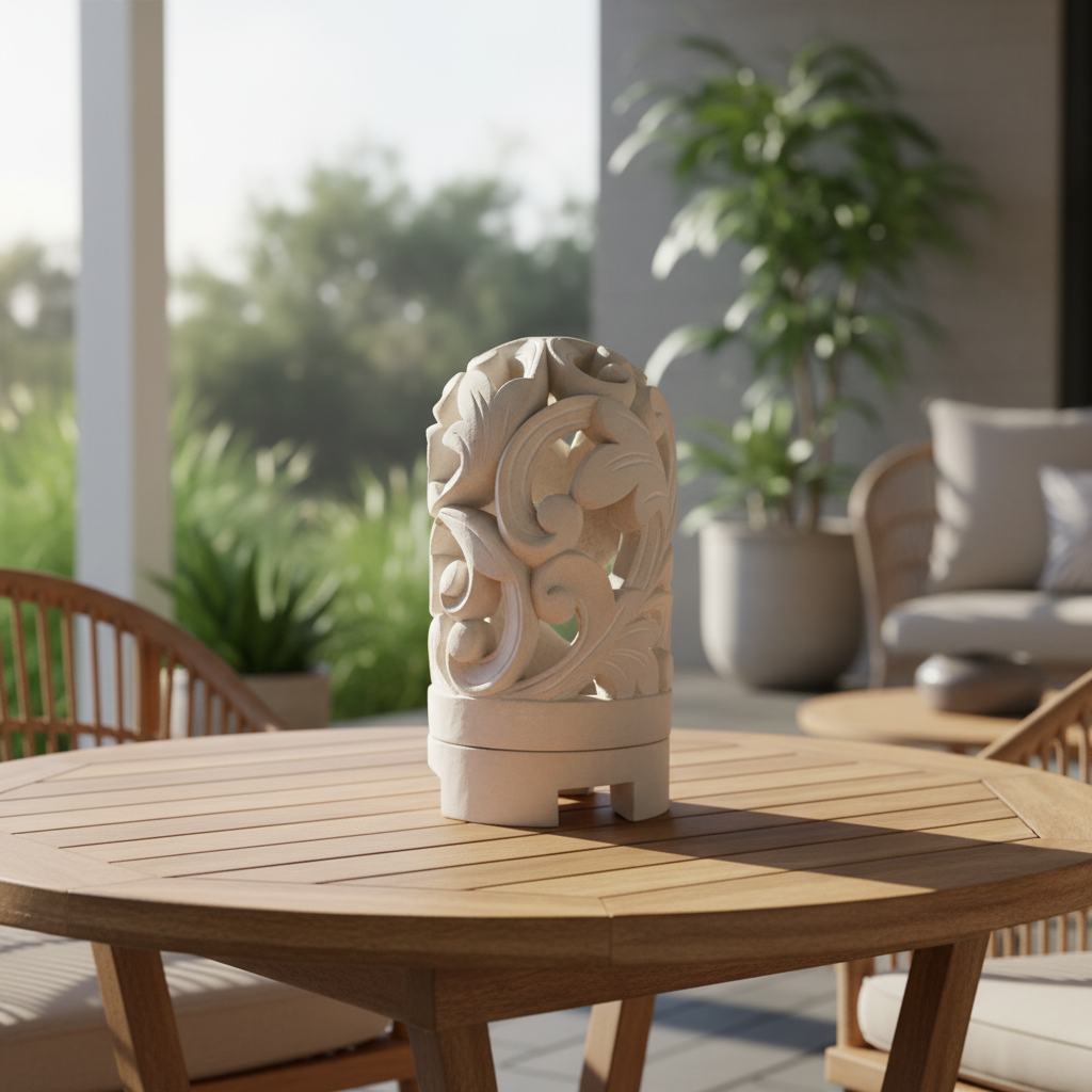 Carved stone ornament styled on a timber outdoor patio table in warm morning light