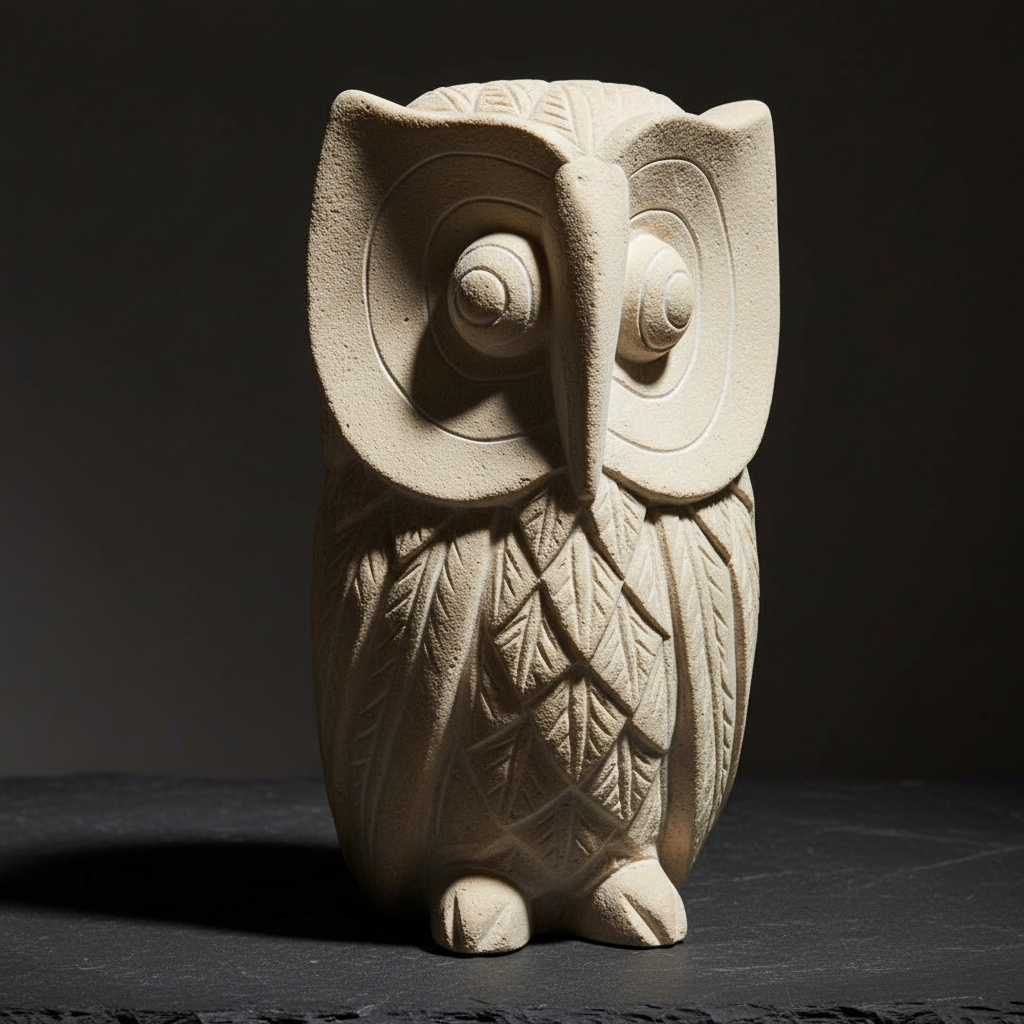 Hand-carved limestone owl statue in close-up with dramatic side lighting revealing intricate spiral eye and layered feather carving detail against a dark slate background