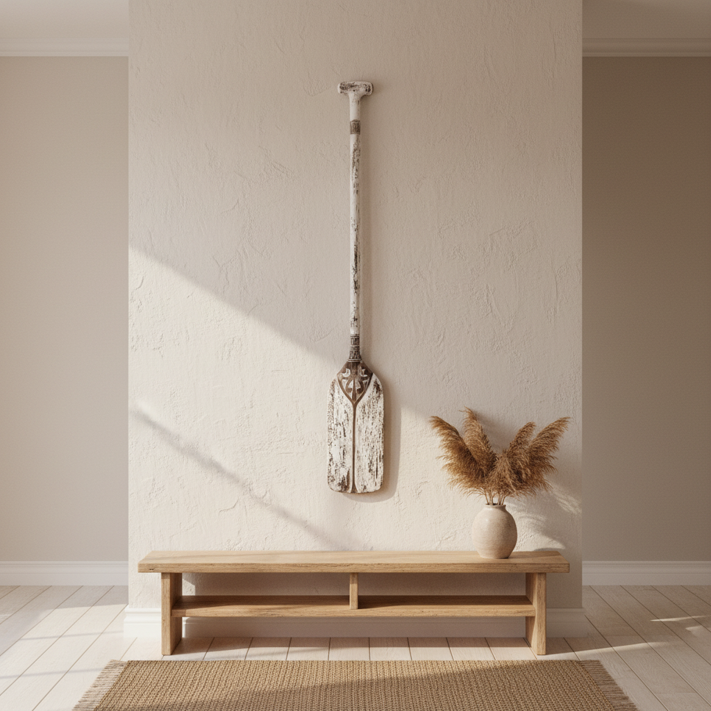 Long white-wash carved wall ornament mounted above a timber console in a bright coastal interior