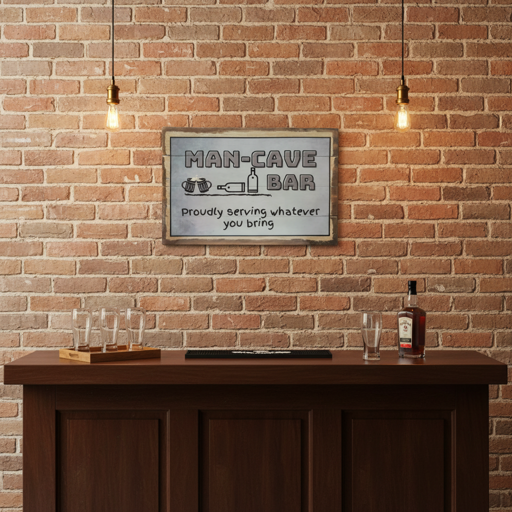 Here it is styled in a polished home man-cave bar with dark timber, warm lighting and simple barware.