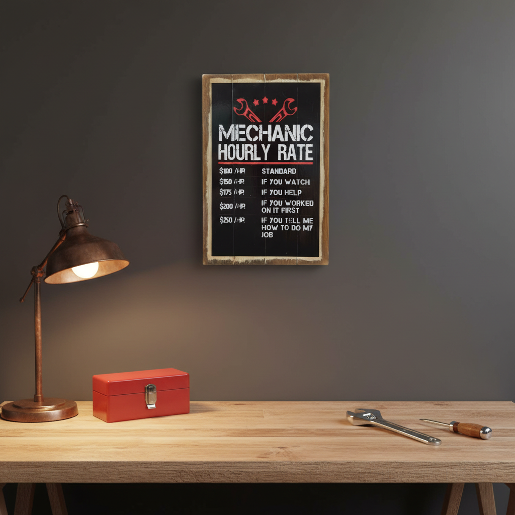 A framed black sign with a rustic wood border hanging on a dark gray wall above a wooden workbench. The sign reads 'MECHANIC HOURLY RATE' with red and white text.