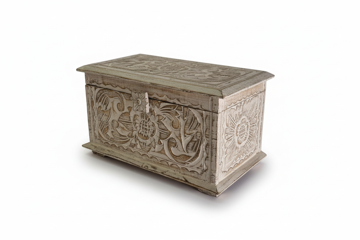 rustic woodencarved box component with multiple holes on a white background
