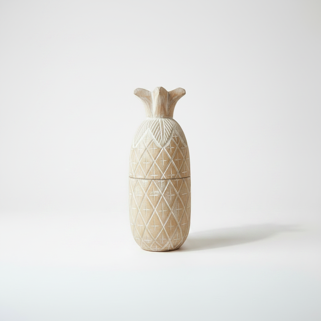A small decorative container shaped like a pineapple, made of light beige carved wood with a diamond pattern and a textured crown top, set against a plain white background.