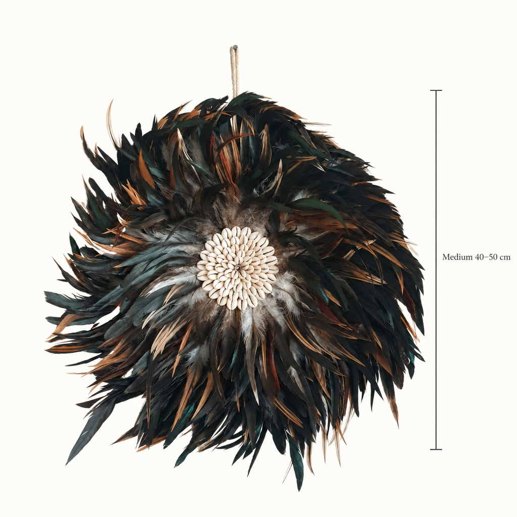 Medium dark feather design with cowrie shell centre and 40–50 cm size mark