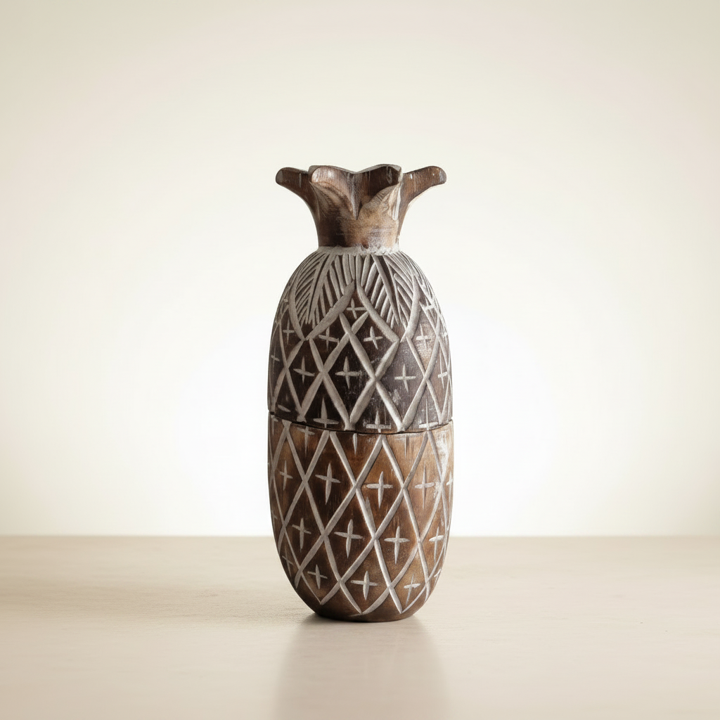 A carved wooden decorative vase shaped like a pineapple, featuring geometric patterns and a textured finish, set against a warm beige background.