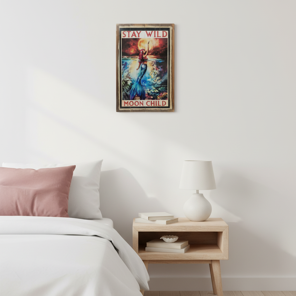 styled as a small 30 cm high × 20 cm wide accent in a dreamy coastal-boho bedroom.