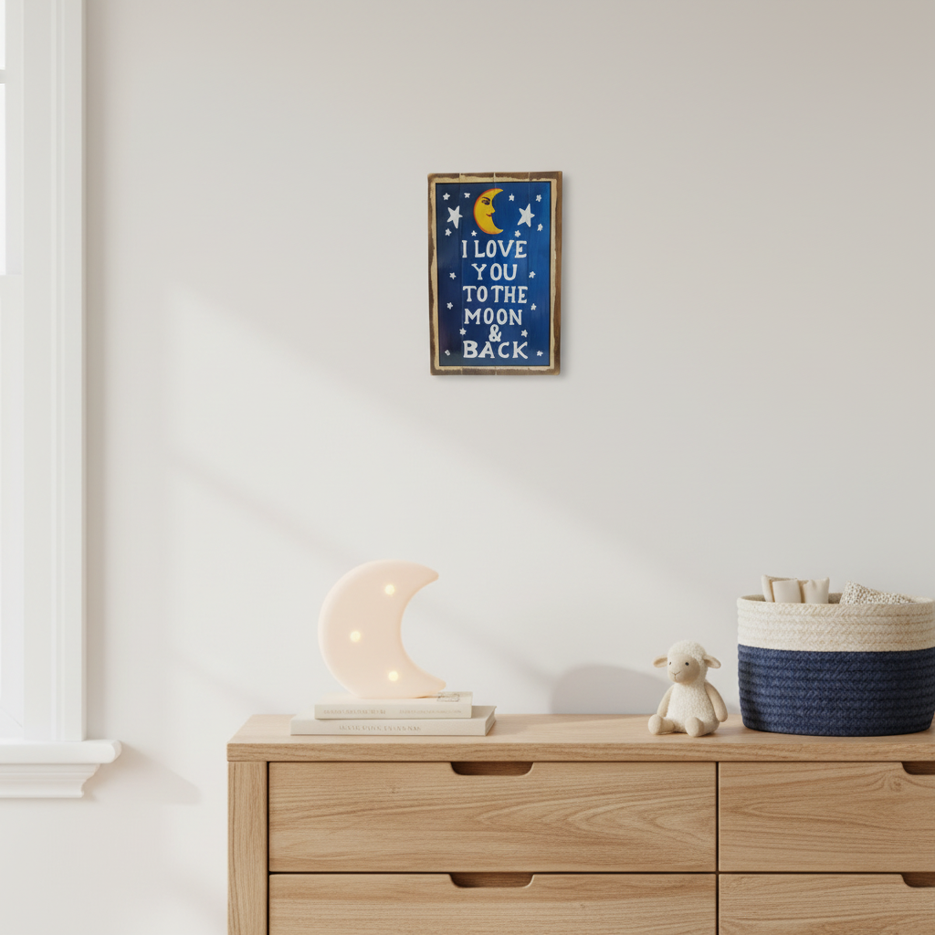 moon sign set on a wall in a child bedroom design above a cabinet.