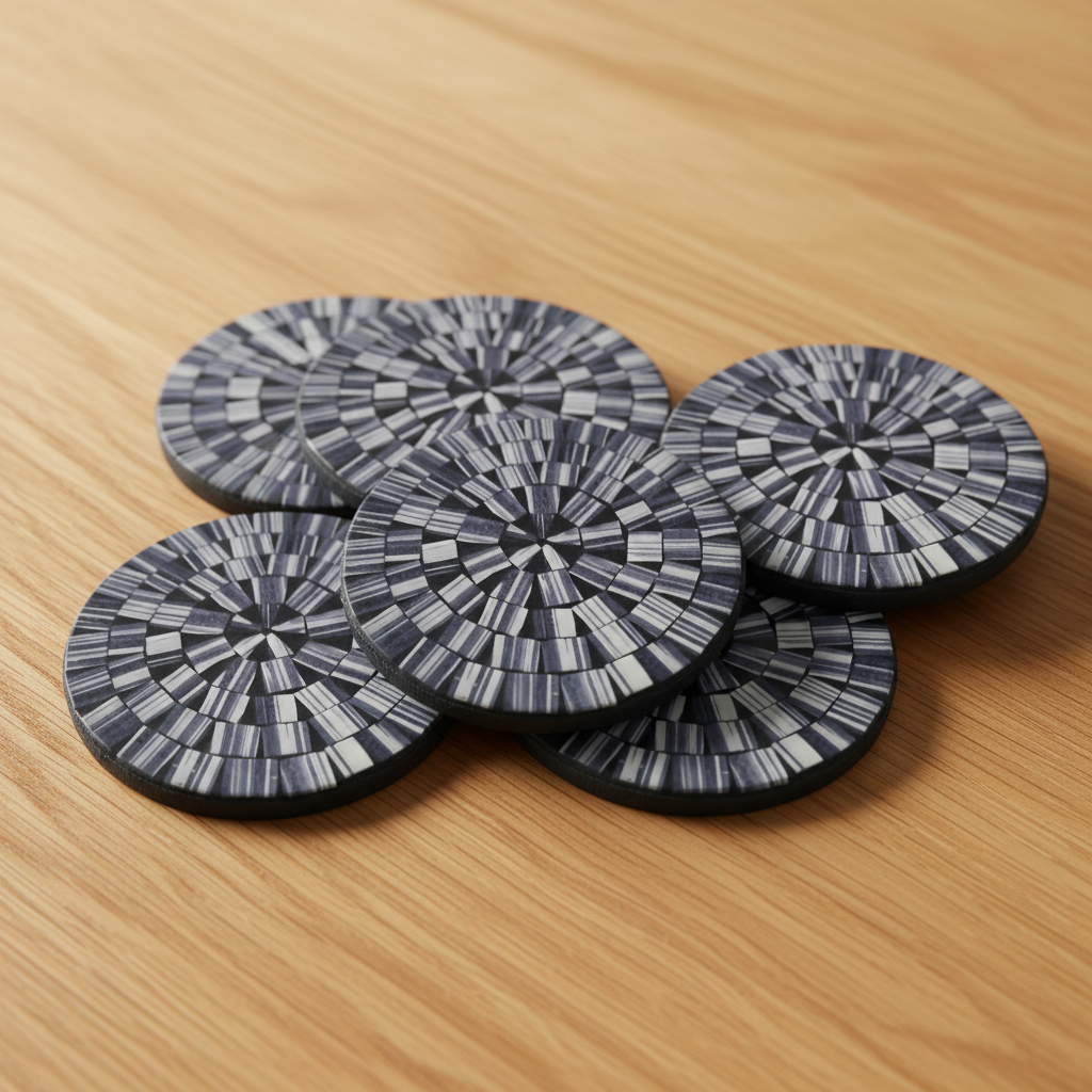 Six round grey selection with charcoal grey and silver narrow rectangular tiles in a radial sunburst pattern, arranged in an overlapping cluster