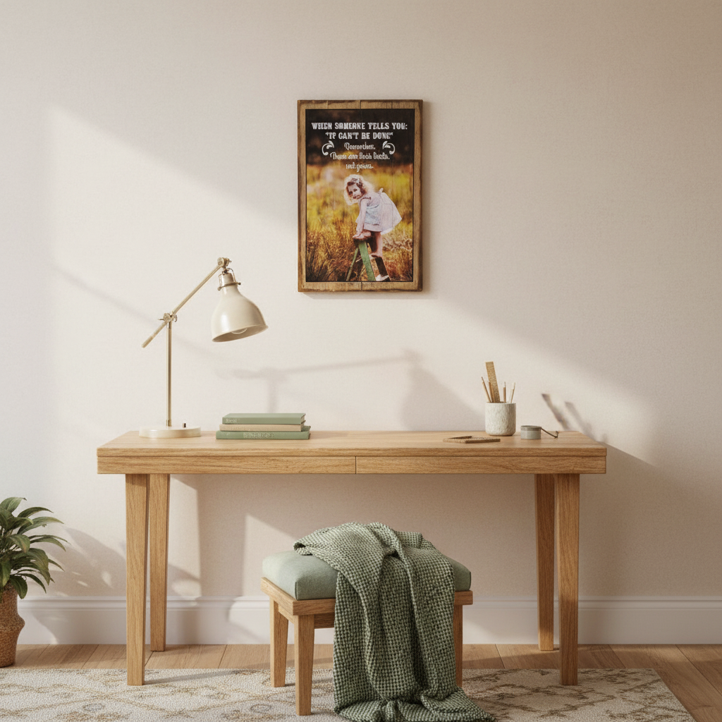 Those Are Their Limits, styled: Encouraging quote sign displayed above a small timber desk in a bright child’s study nook
